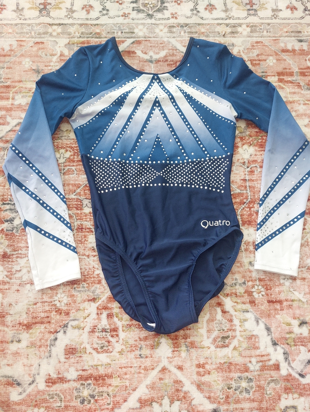 Que Navy and White Rhinestone Athletic Leotard